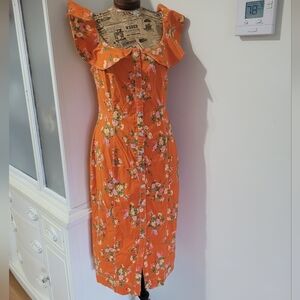 Anthropologie Orange Floral Midi Dress Ruffle Sleeves Button Front Sz M